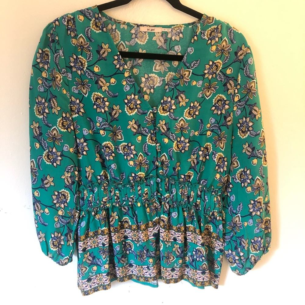 Mi Ami Medium Women’s Petite Blouse Cinched Waist Teal Floral Pattern